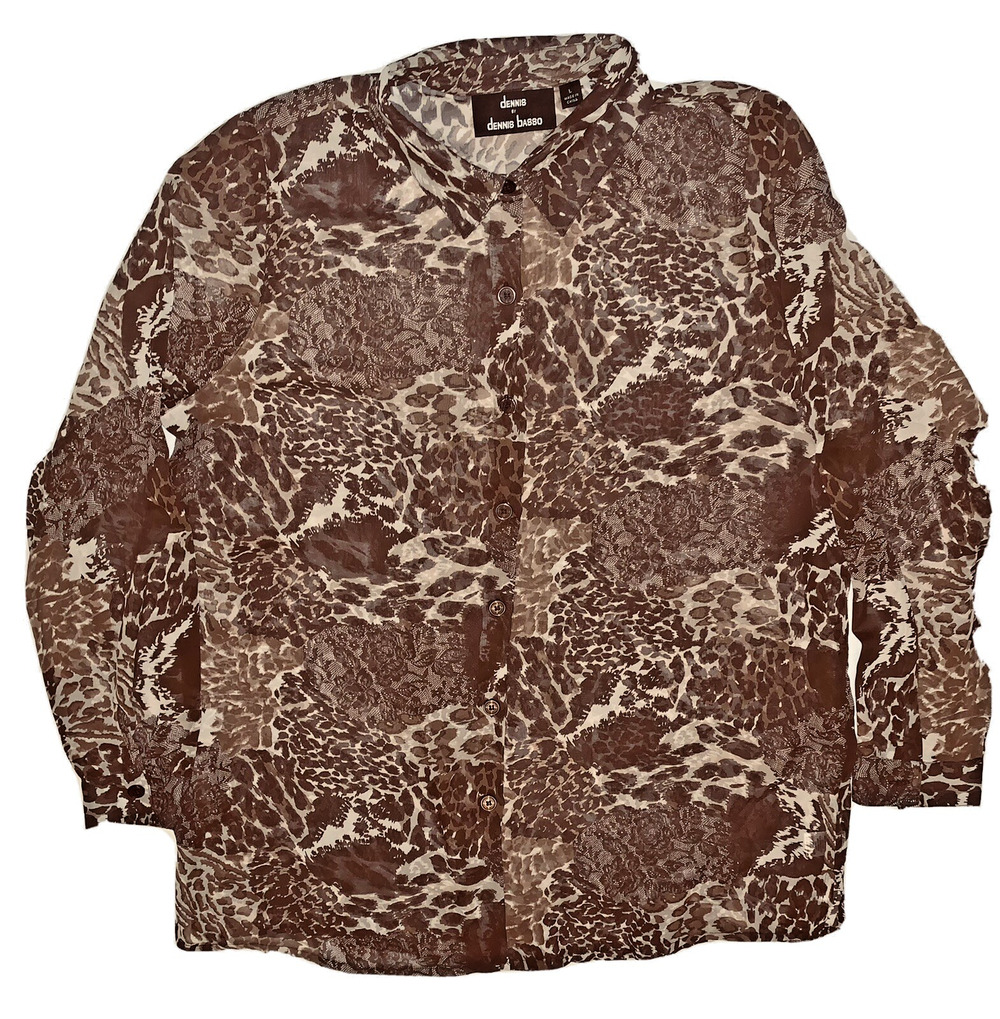 Size L Dennis by Dennis Basso Sheer Long Over Blouse Lace Animal Print Sexy EUC